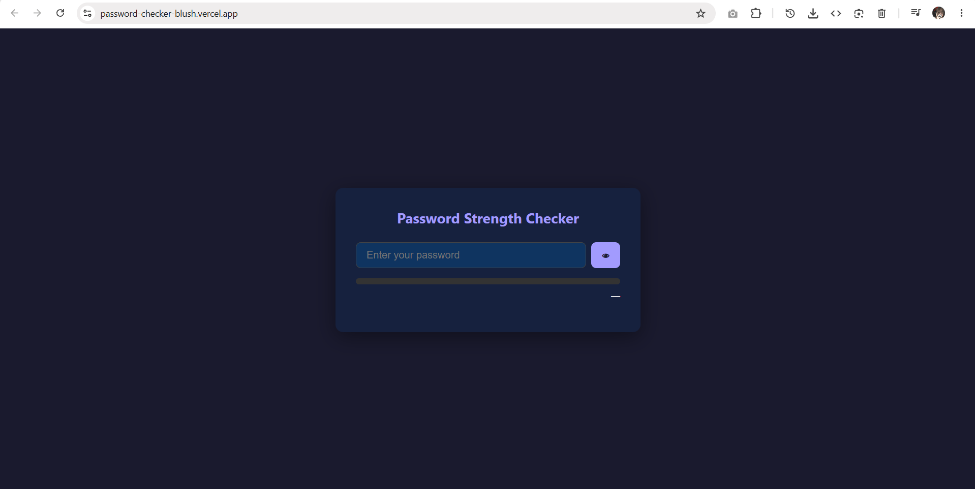 Screenshot of the Password Checker application showing a live password strength analysis and feedback interface.